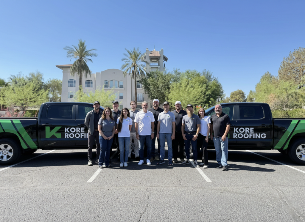 Kore Roofing team standing between branded company trucks